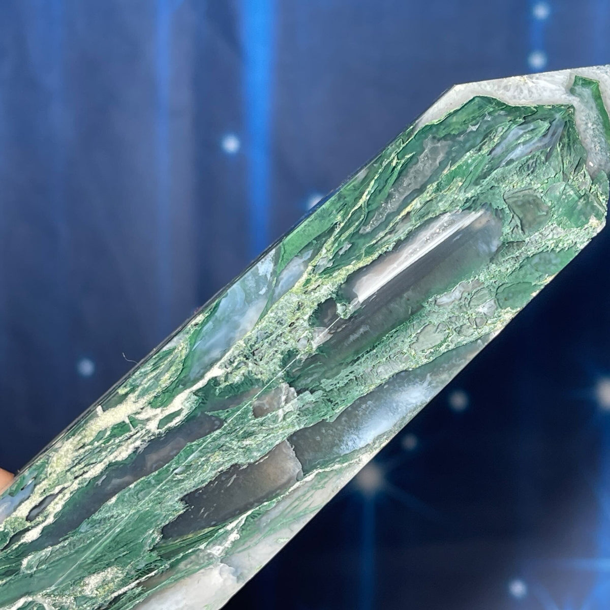large Moss Agate DT | 7 7/8" long | 383 grams | Damage Discount | gorgeous Moss Agate DT | double terminated | green Moss Agate DT