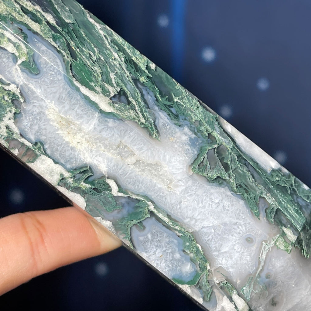 large Moss Agate DT | 7 7/8" long | 383 grams | Damage Discount | gorgeous Moss Agate DT | double terminated | green Moss Agate DT