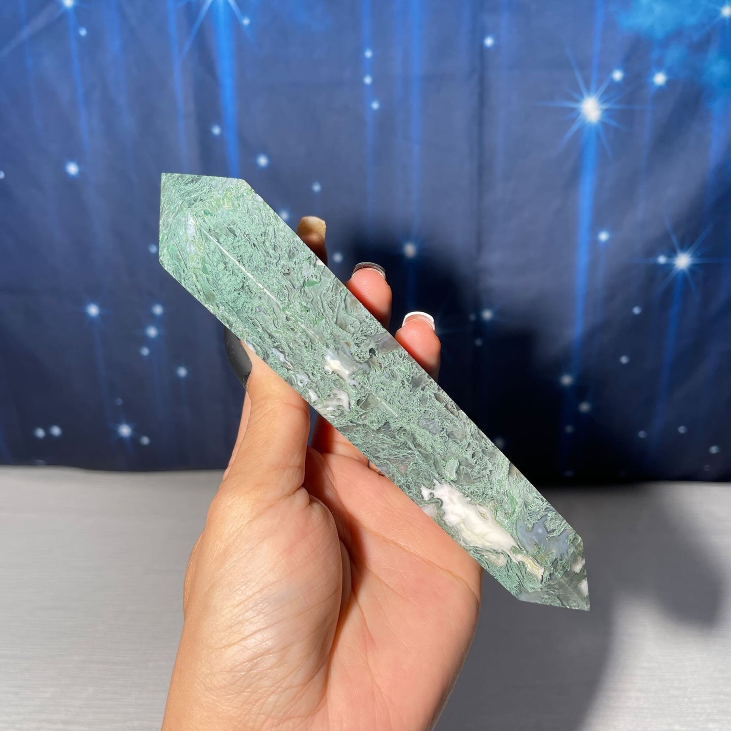 large Moss Agate DT | 7 1/8" long | 286 grams | gorgeous Moss Agate DT | double terminated | green Moss Agate DT