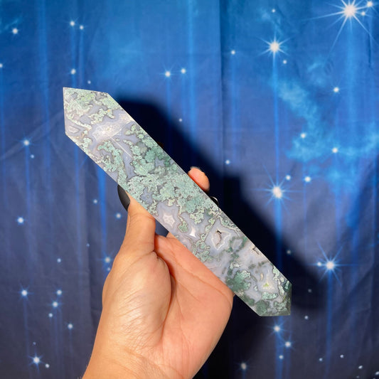 large druzy Moss Agate DT | 8 3/4" long | 519 grams | gorgeous Moss Agate DT | double terminated | green Moss Agate DT