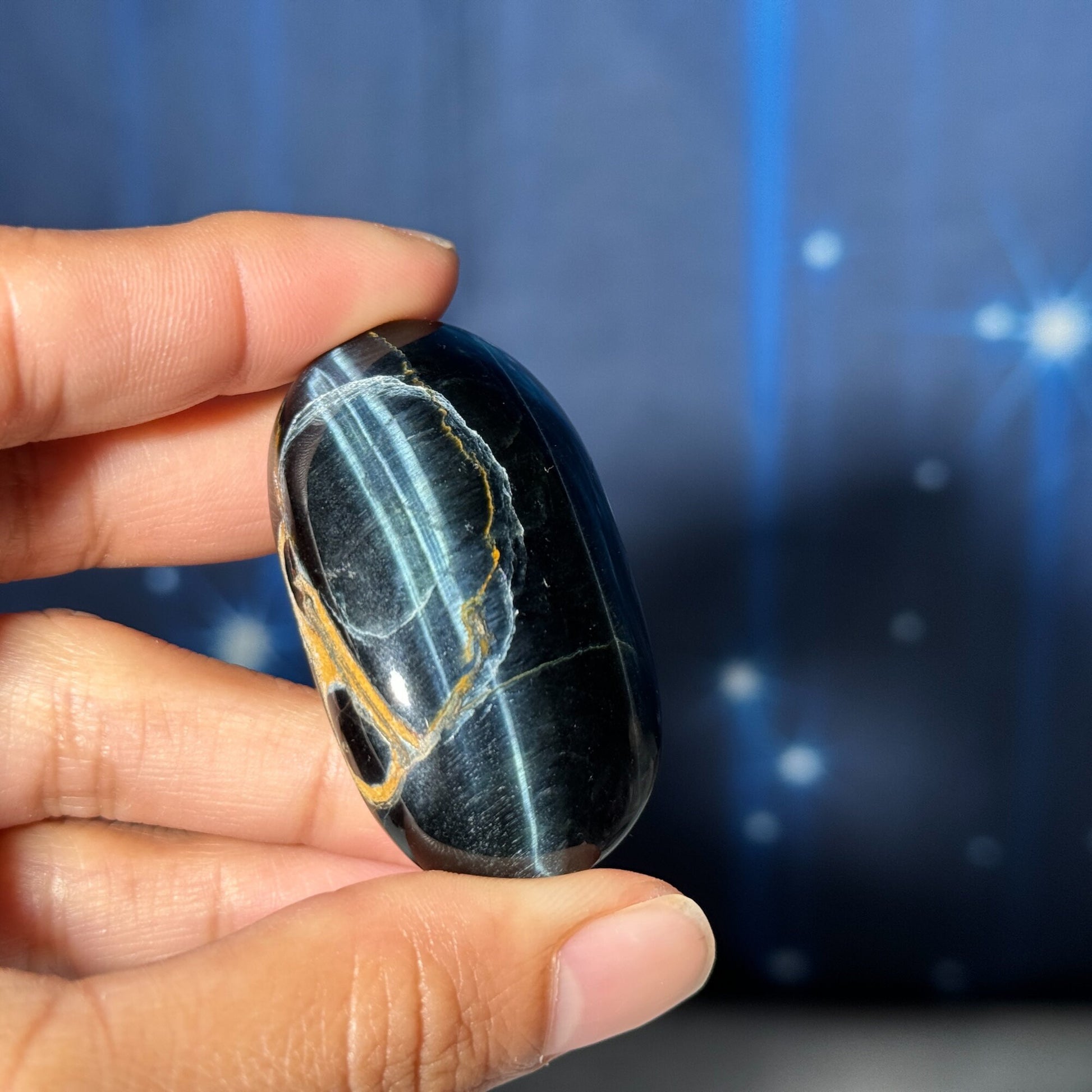 Blue Tiger's Eye Palm Stone | 2" long | 44 grams | flashy blue