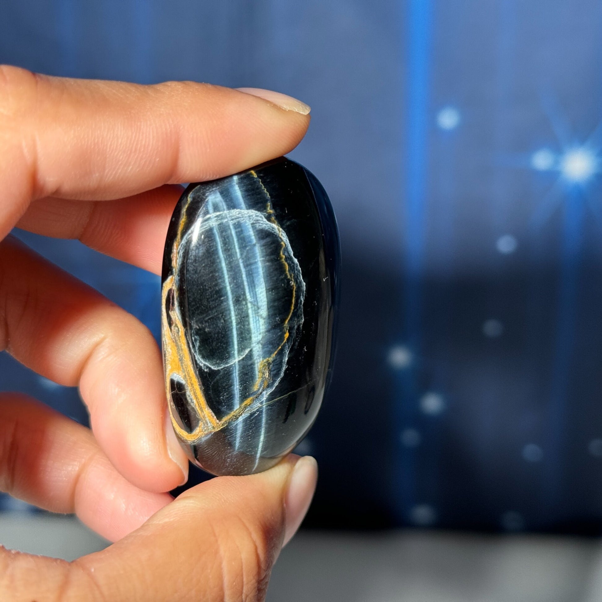 Blue Tiger's Eye Palm Stone | 2" long | 44 grams | flashy blue