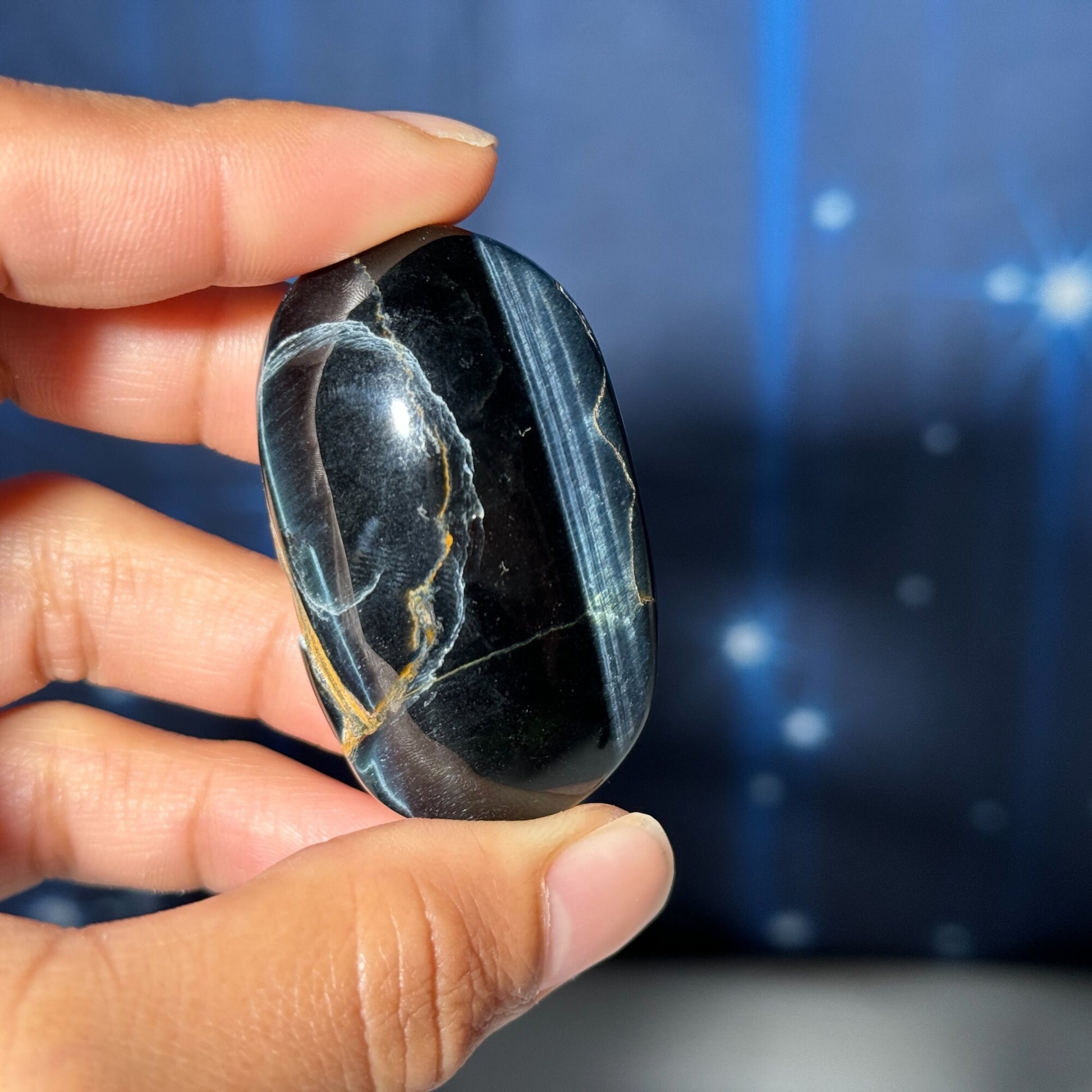 Blue Tiger's Eye Palm Stone | 2" long | 44 grams | flashy blue