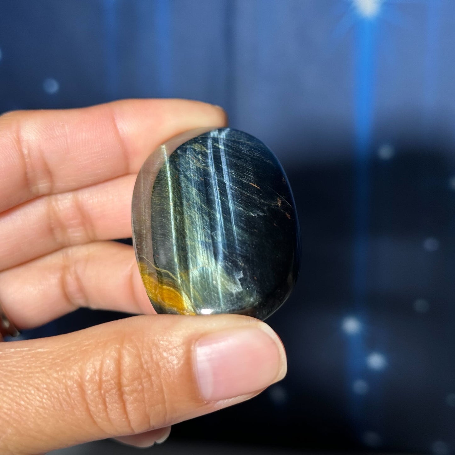 Blue Tiger's Eye Palm Stone | 2 1/8" long | 48 grams | flashy blue