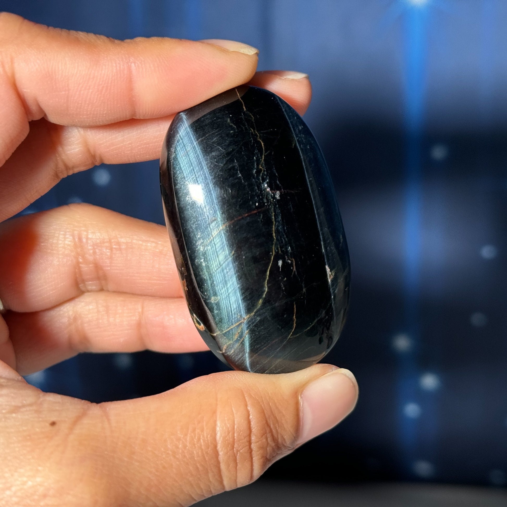 Blue Tiger's Eye Palm Stone | 2 1/8" long | 54 grams | flashy blue