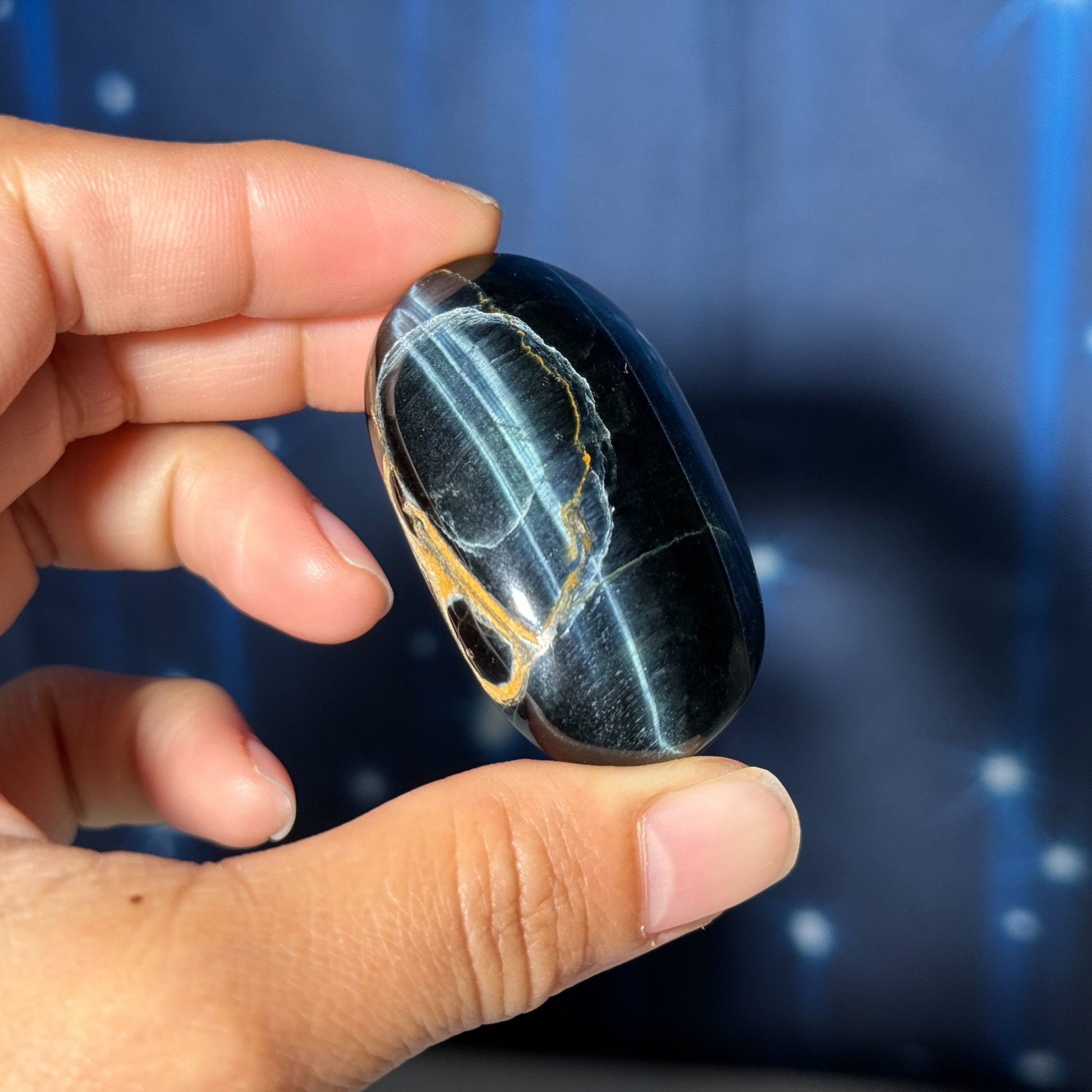 Blue Tiger's Eye Palm Stone | 2" long | 44 grams | flashy blue