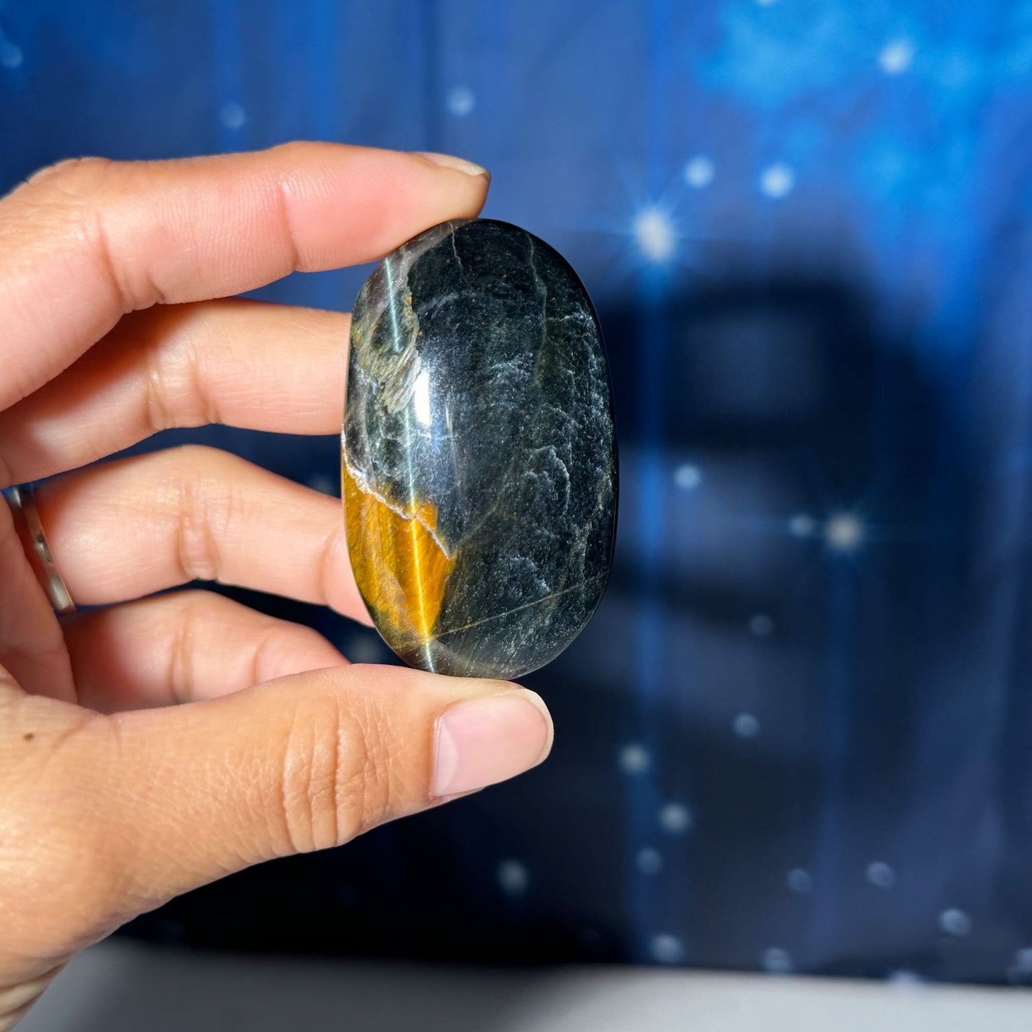 Blue Tiger's Eye Palm Stone | 2 1/8" long | 48 grams | flashy blue