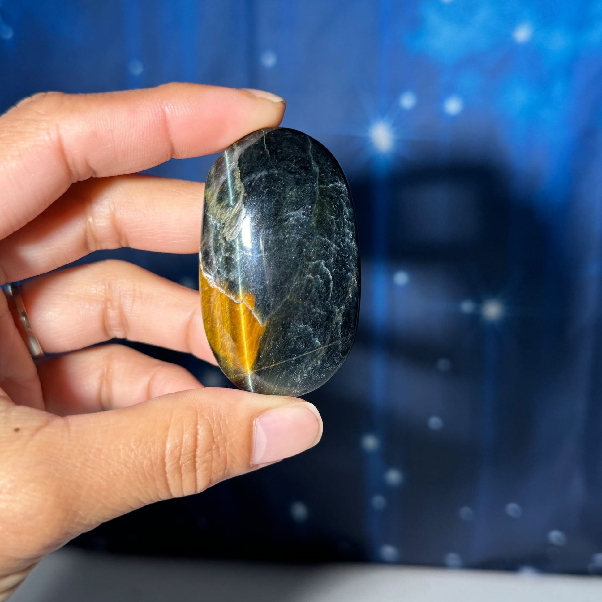 Blue Tiger's Eye Palm Stone | 2 1/8" long | 48 grams | flashy blue