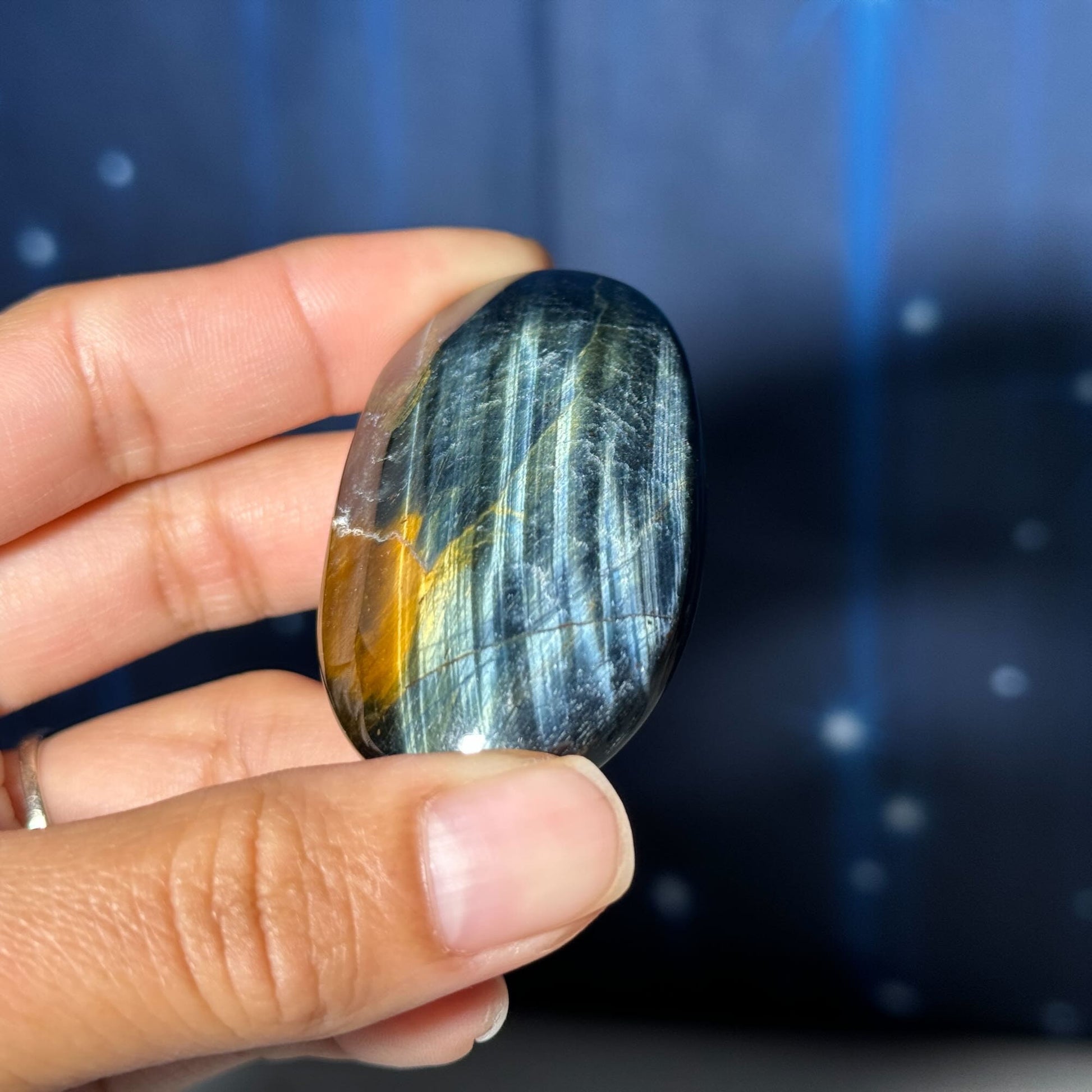 Blue Tiger's Eye Palm Stone | 2 1/8" long | 48 grams | flashy blue