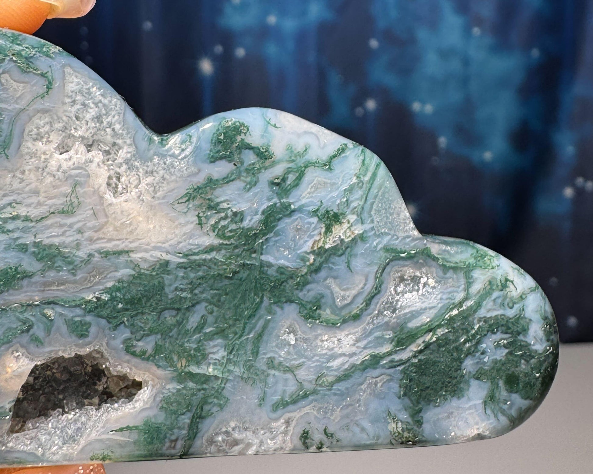 Moss Agate cloud | 3 3/8” long | 88 grams | NOT self-standing