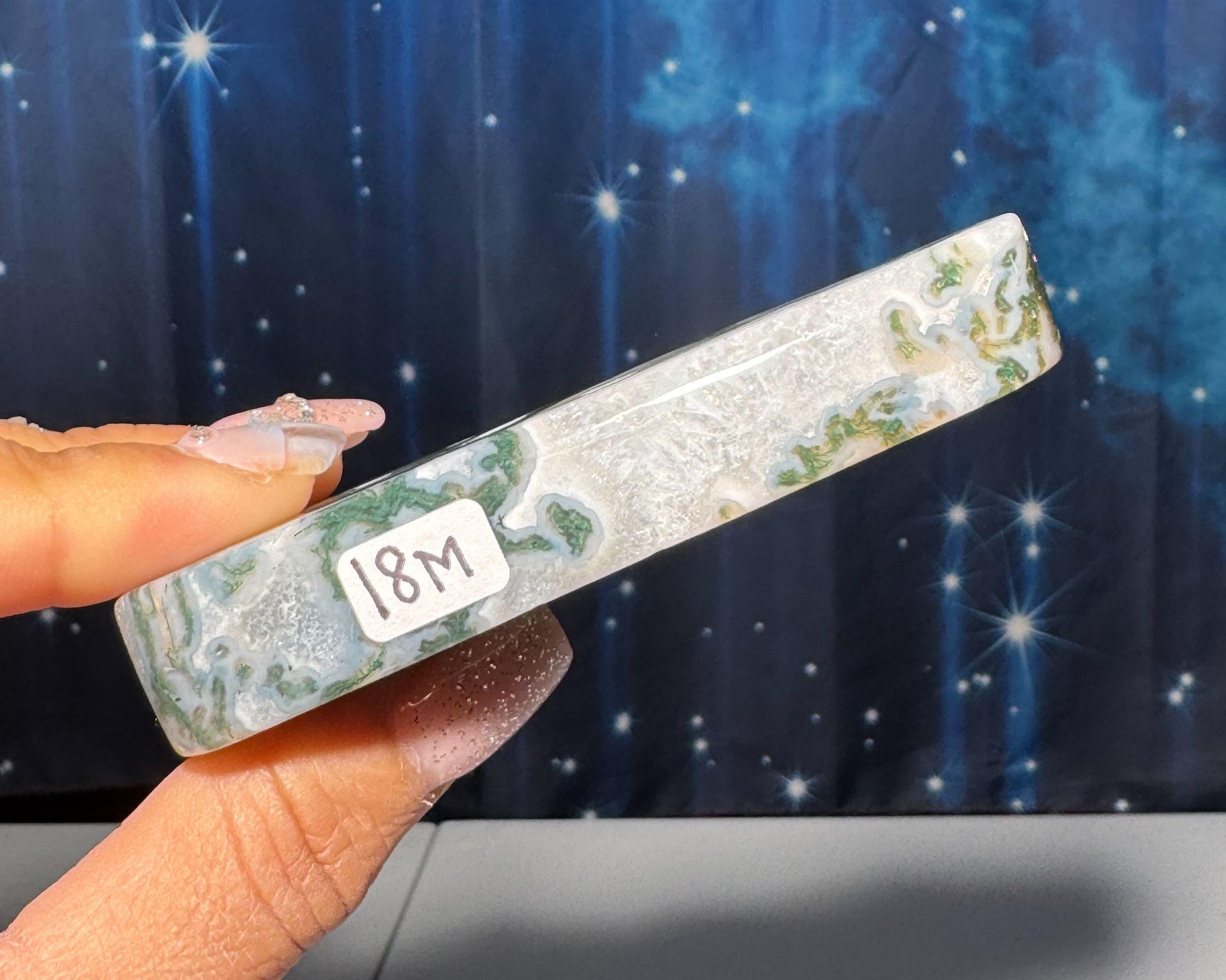 Moss Agate cloud | 3 3/8” long | 99 grams | DOES self-stand | dendrite inclusions