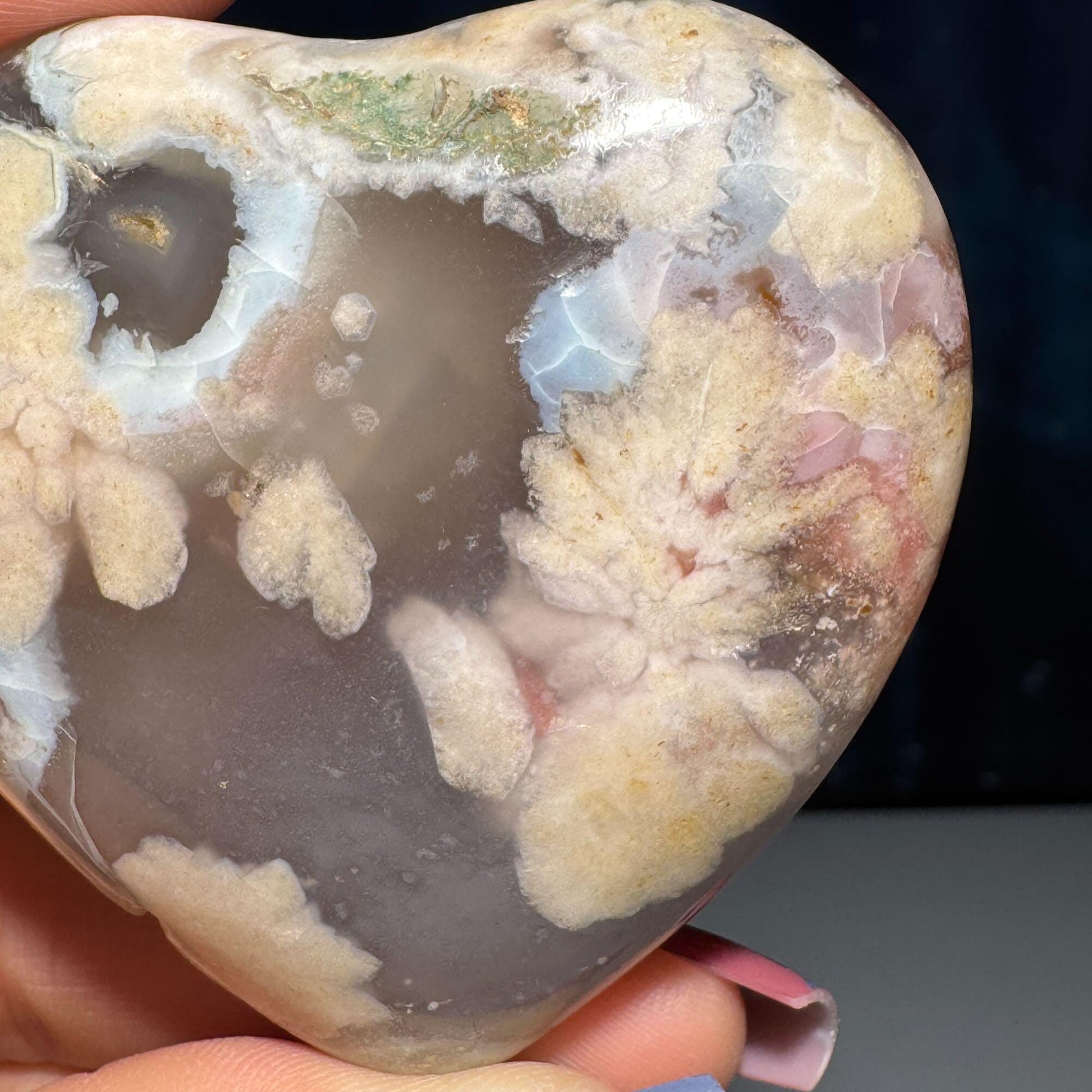 Flower Agate heart | 2 1/4" long | 85 grams | Damage discount | stand included