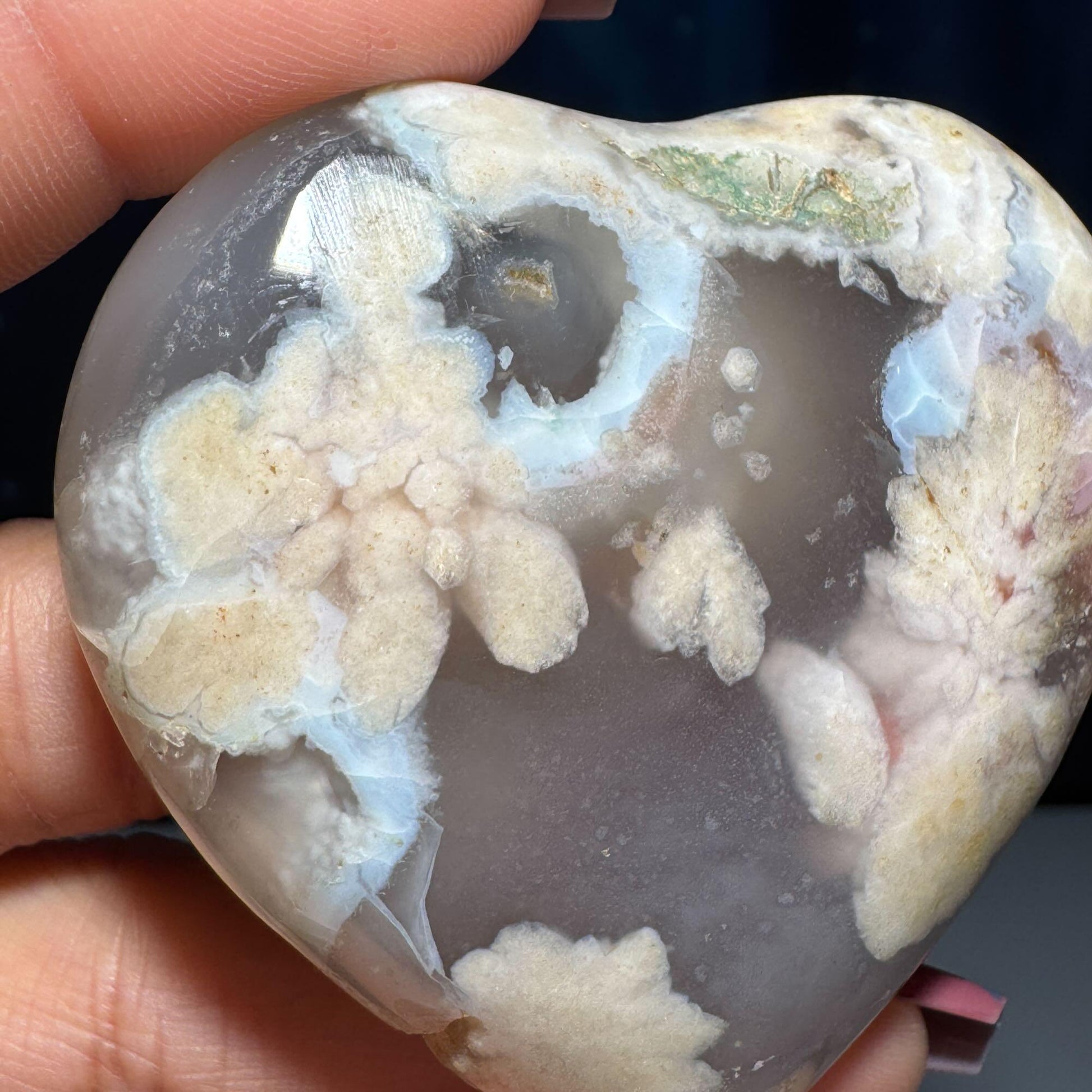 Flower Agate heart | 2 1/4" long | 85 grams | Damage discount | stand included