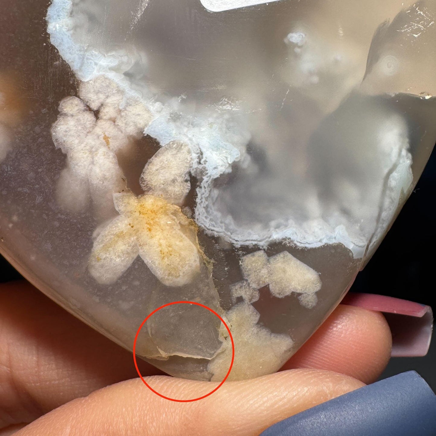 Flower Agate heart | 2 1/4" long | 85 grams | Damage discount | stand included