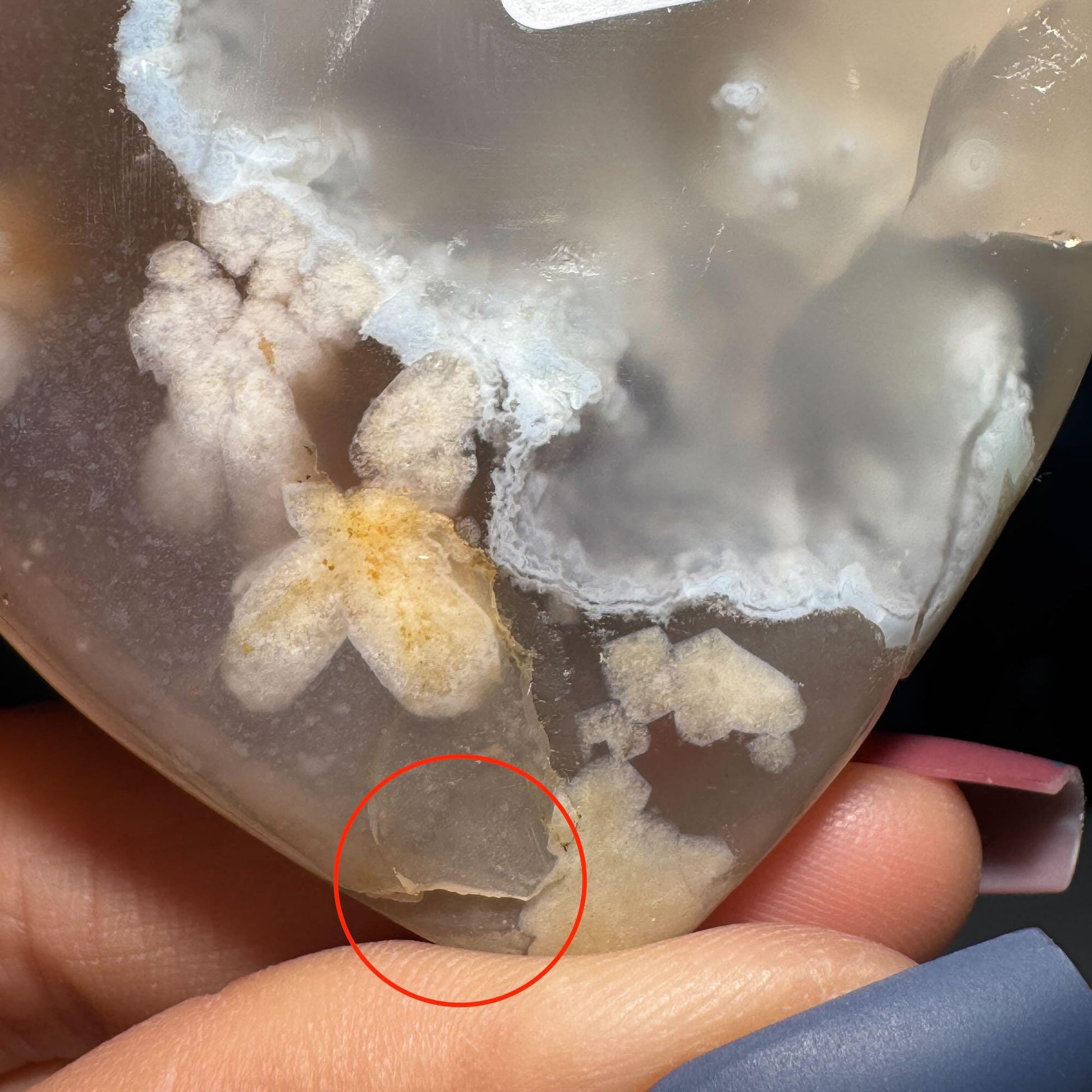 Flower Agate heart | 2 1/4" long | 85 grams | Damage discount | stand included
