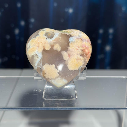Flower Agate heart | 2 1/4" long | 85 grams | Damage discount | stand included