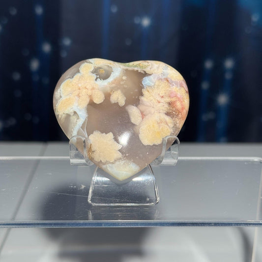 Flower Agate heart | 2 1/4" long | 85 grams | Damage discount | stand included