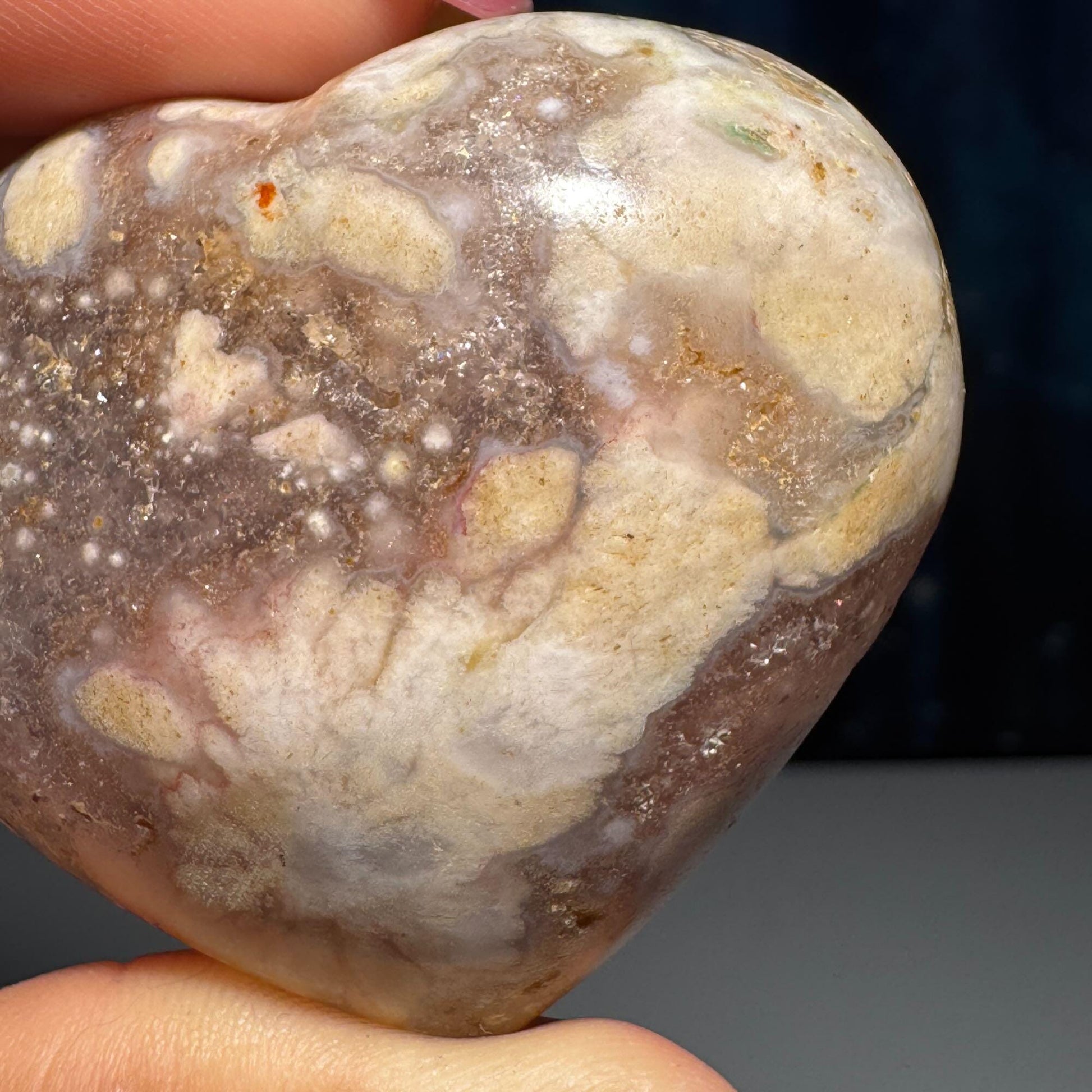 Flower Agate heart | 2 1/8" long | 82 grams | stand included | Quartz inclusion