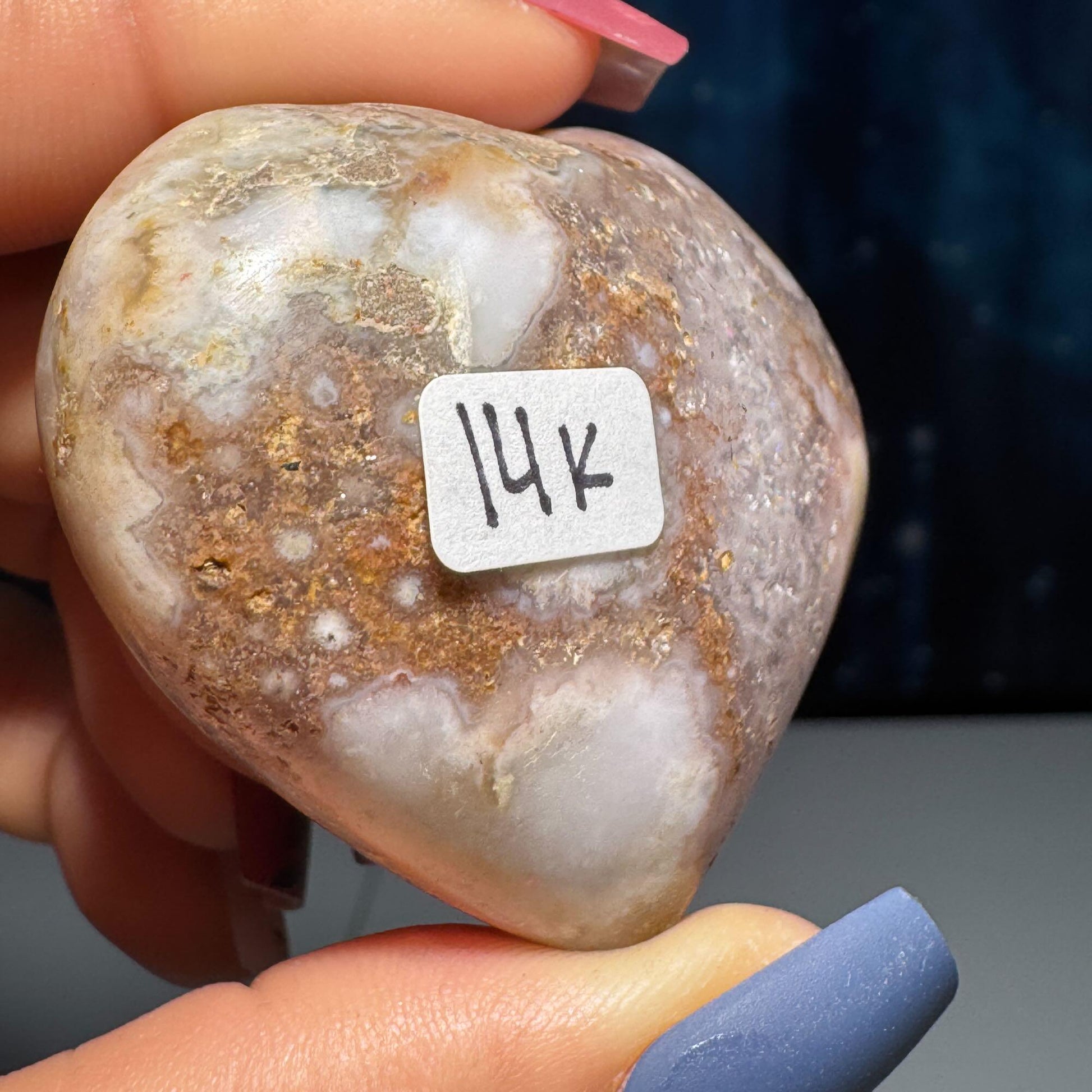 Flower Agate heart | 2 1/8" long | 82 grams | stand included | Quartz inclusion