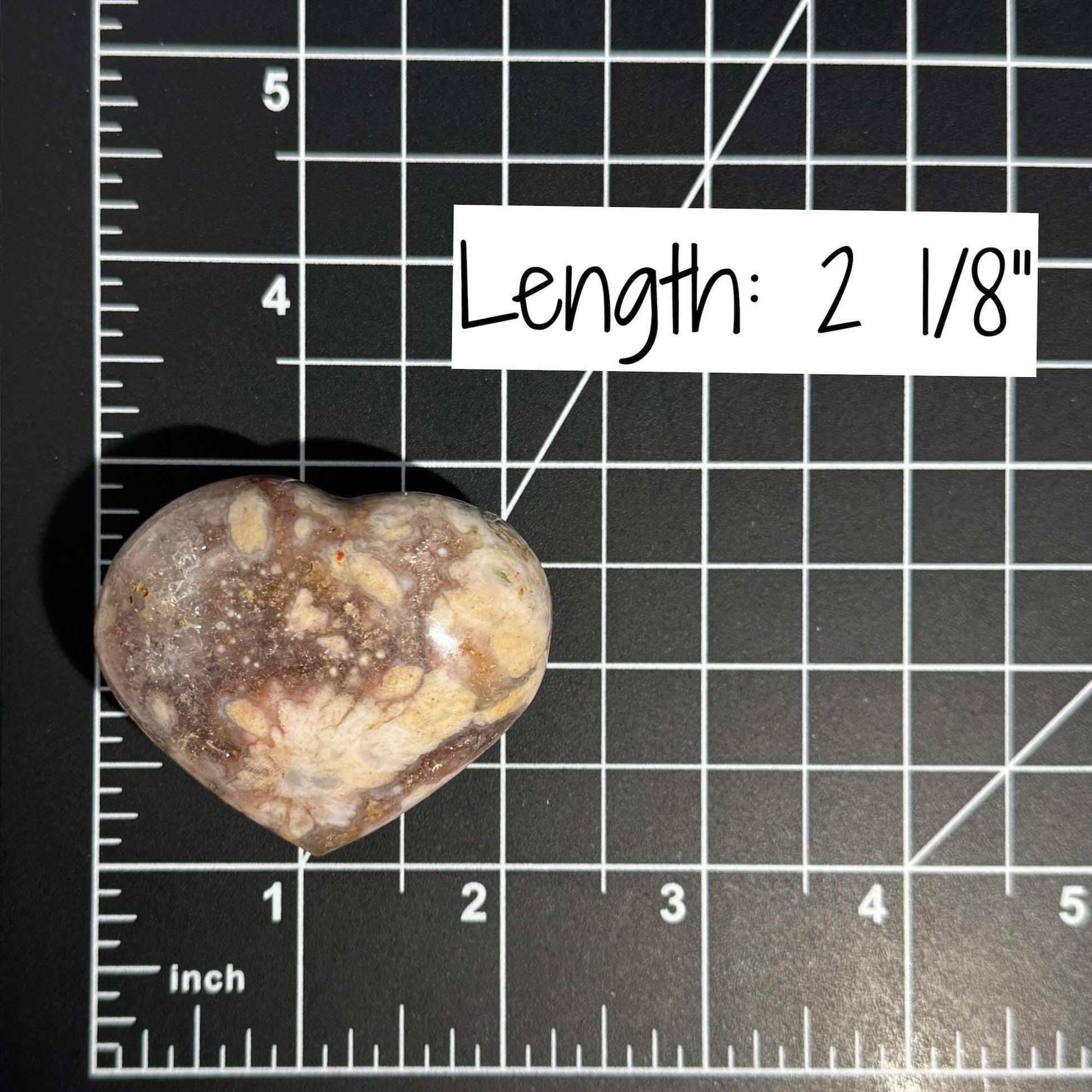 Flower Agate heart | 2 1/8" long | 82 grams | stand included | Quartz inclusion