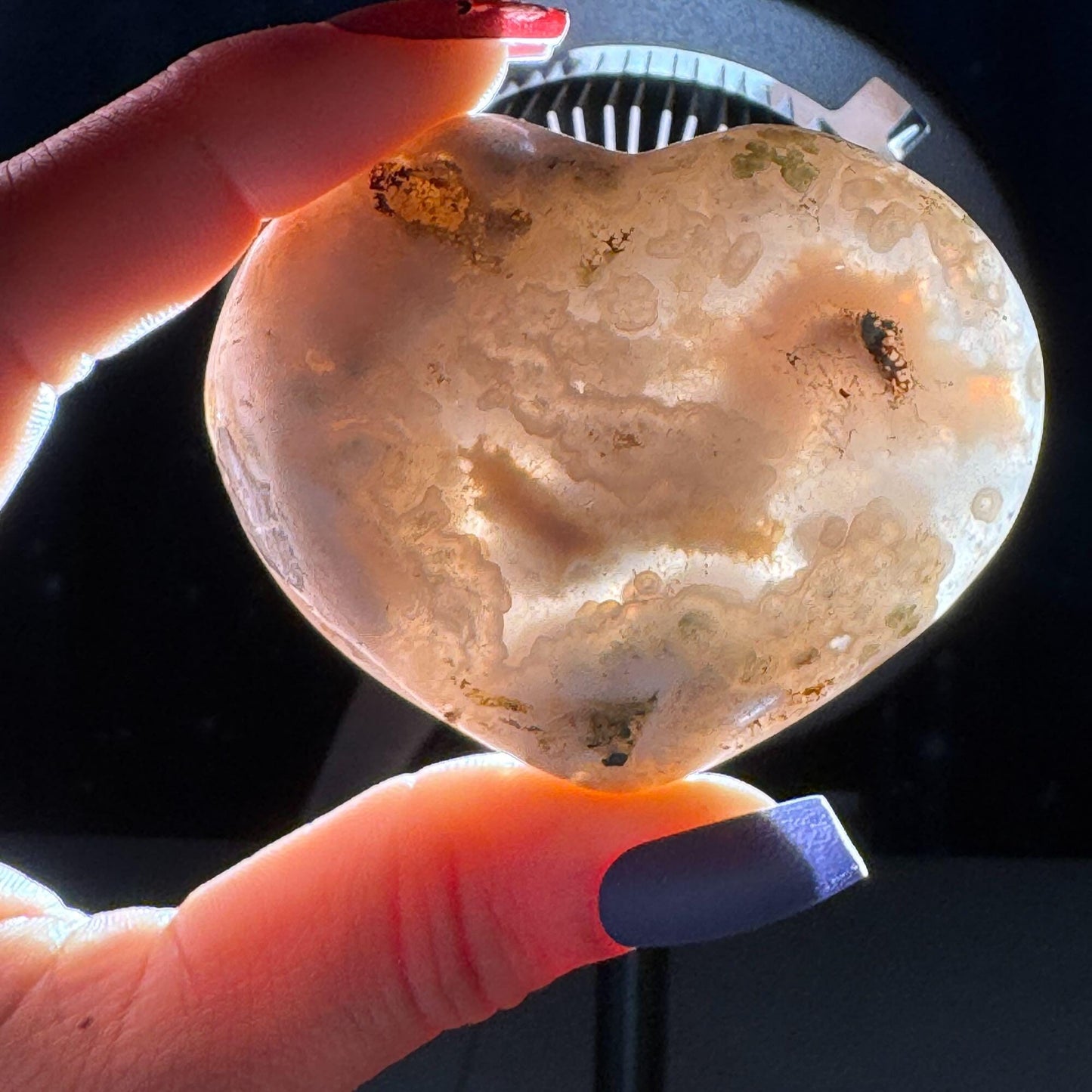 Flower Agate heart | 2 5/8" long | 111 grams | stand included | Damage Discount
