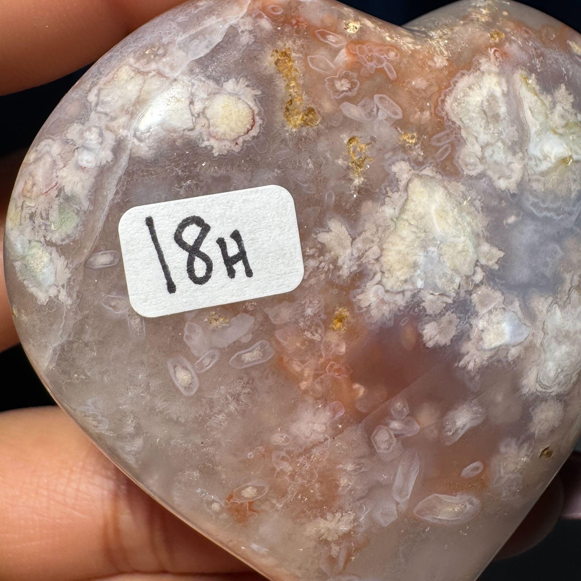 Flower Agate heart | 2 1/2" long | 128 grams | stand included | Damage Discount
