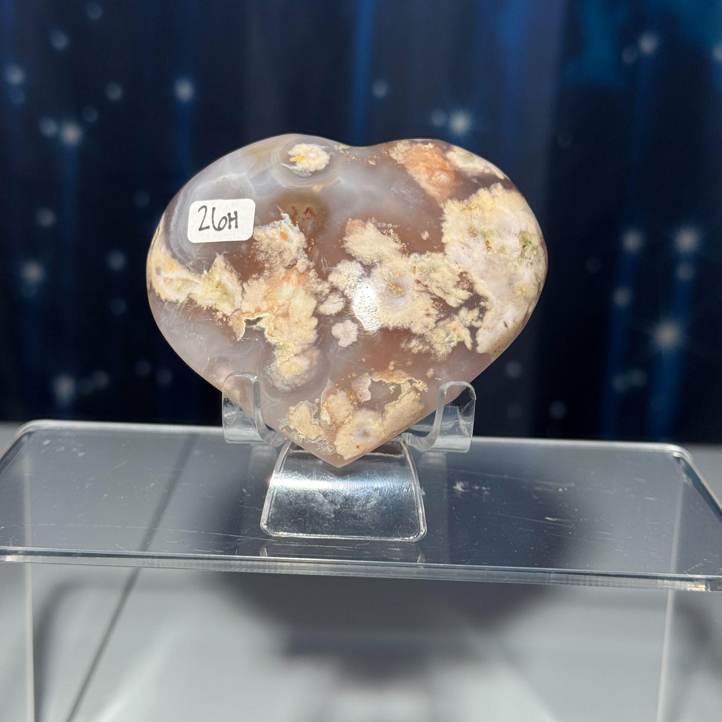 Flower Agate heart | 3" long | 179 grams | stand included | Damage Discount