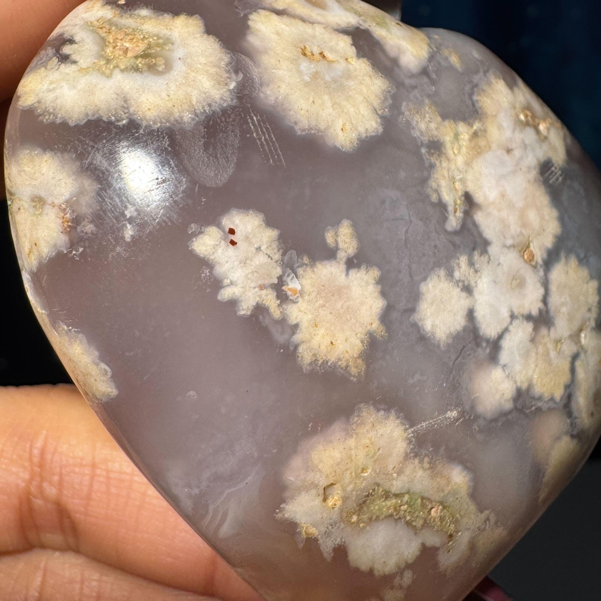 Flower Agate heart | 3" long | 179 grams | stand included | Damage Discount