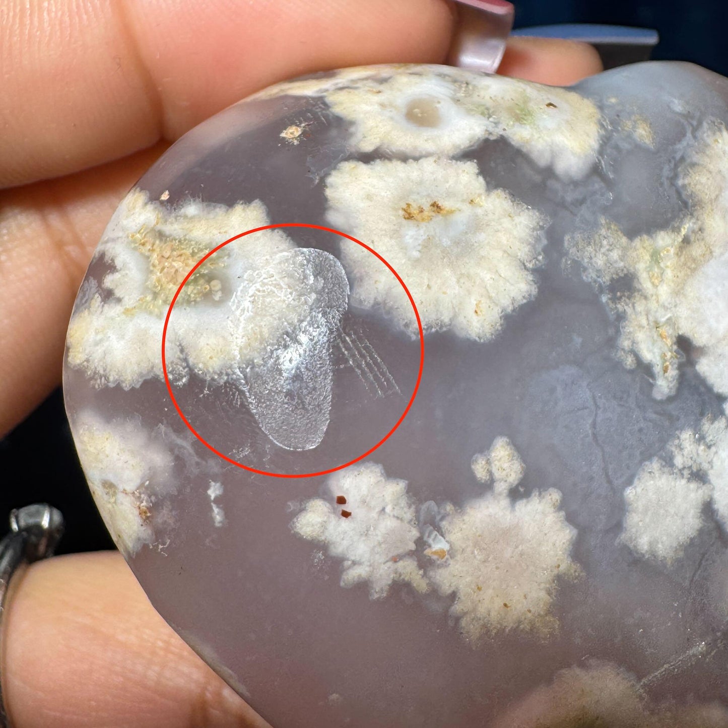Flower Agate heart | 3" long | 179 grams | stand included | Damage Discount