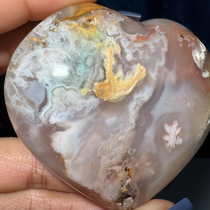 Flower Agate heart | 3" long | 218 grams | stand included | Damage Discount