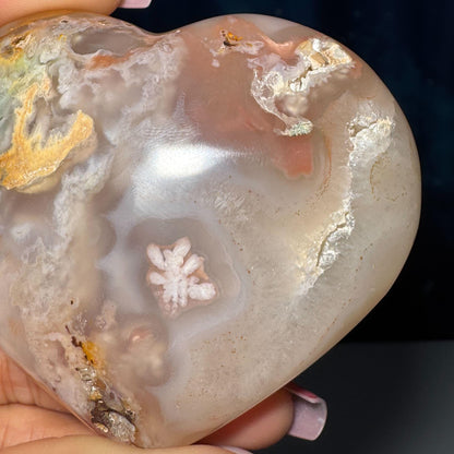 Flower Agate heart | 3" long | 218 grams | stand included | Damage Discount