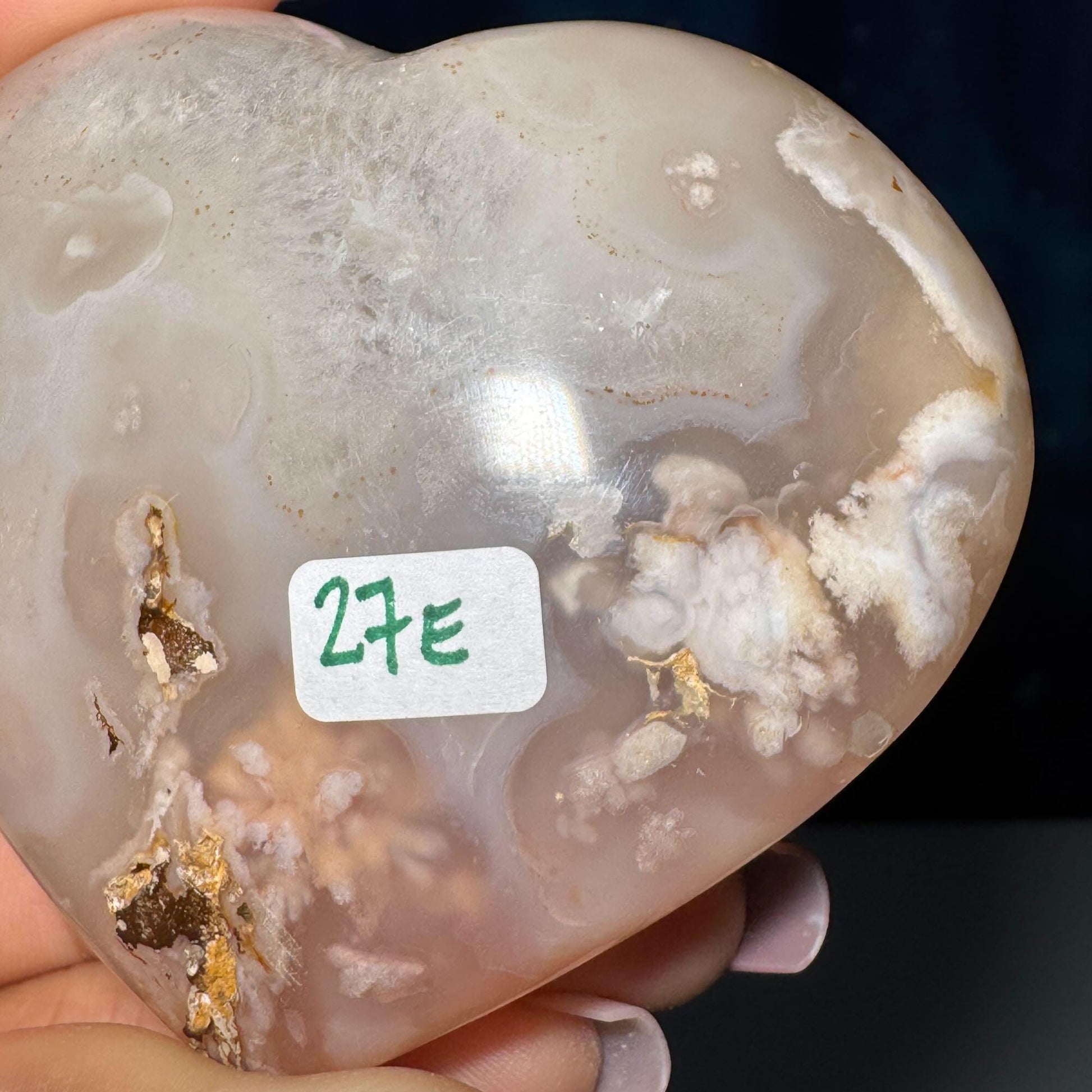 Flower Agate heart | 3" long | 218 grams | stand included | Damage Discount