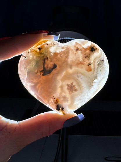 Flower Agate heart | 3" long | 218 grams | stand included | Damage Discount