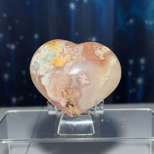 Flower Agate heart | 3" long | 218 grams | stand included | Damage Discount