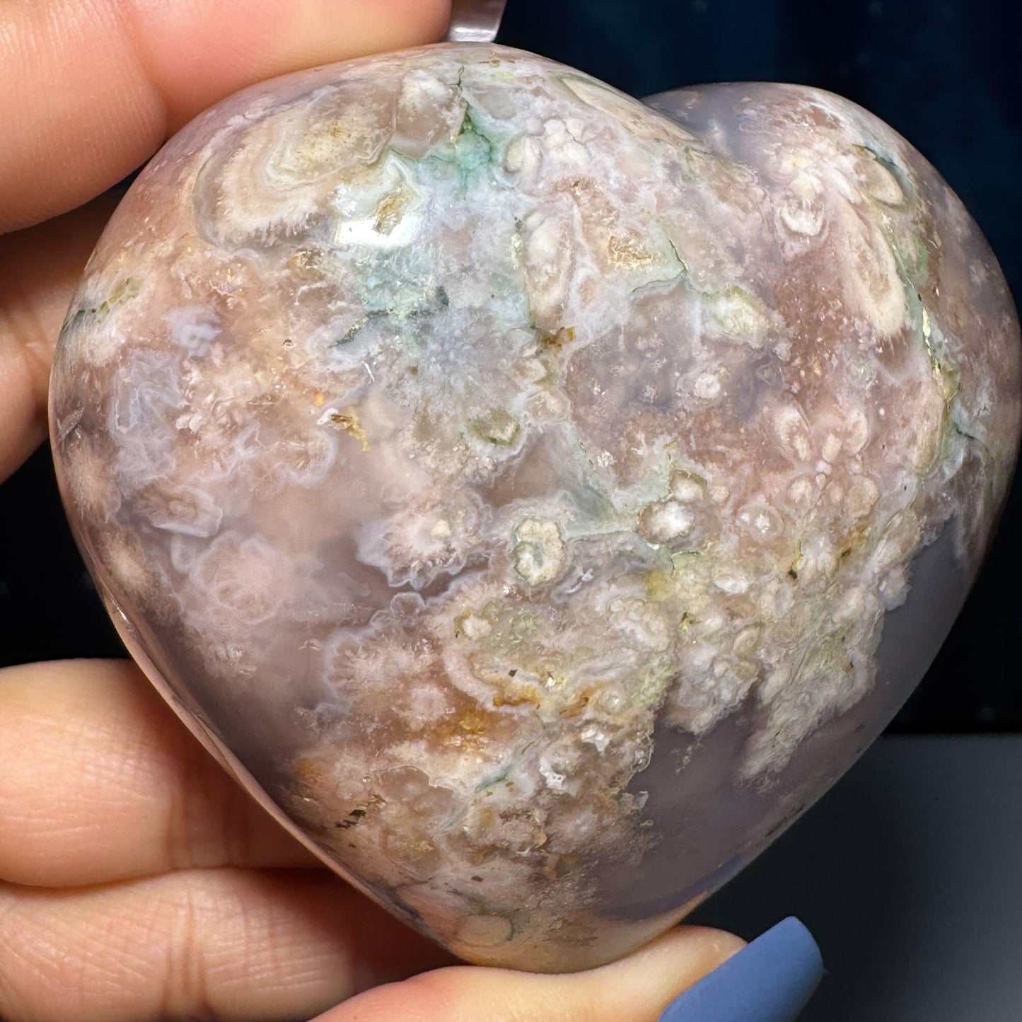 Flower Agate heart | 3" long | 315 grams | stand included | Damage Discount