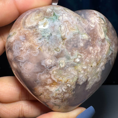 Flower Agate heart | 3" long | 315 grams | stand included | Damage Discount