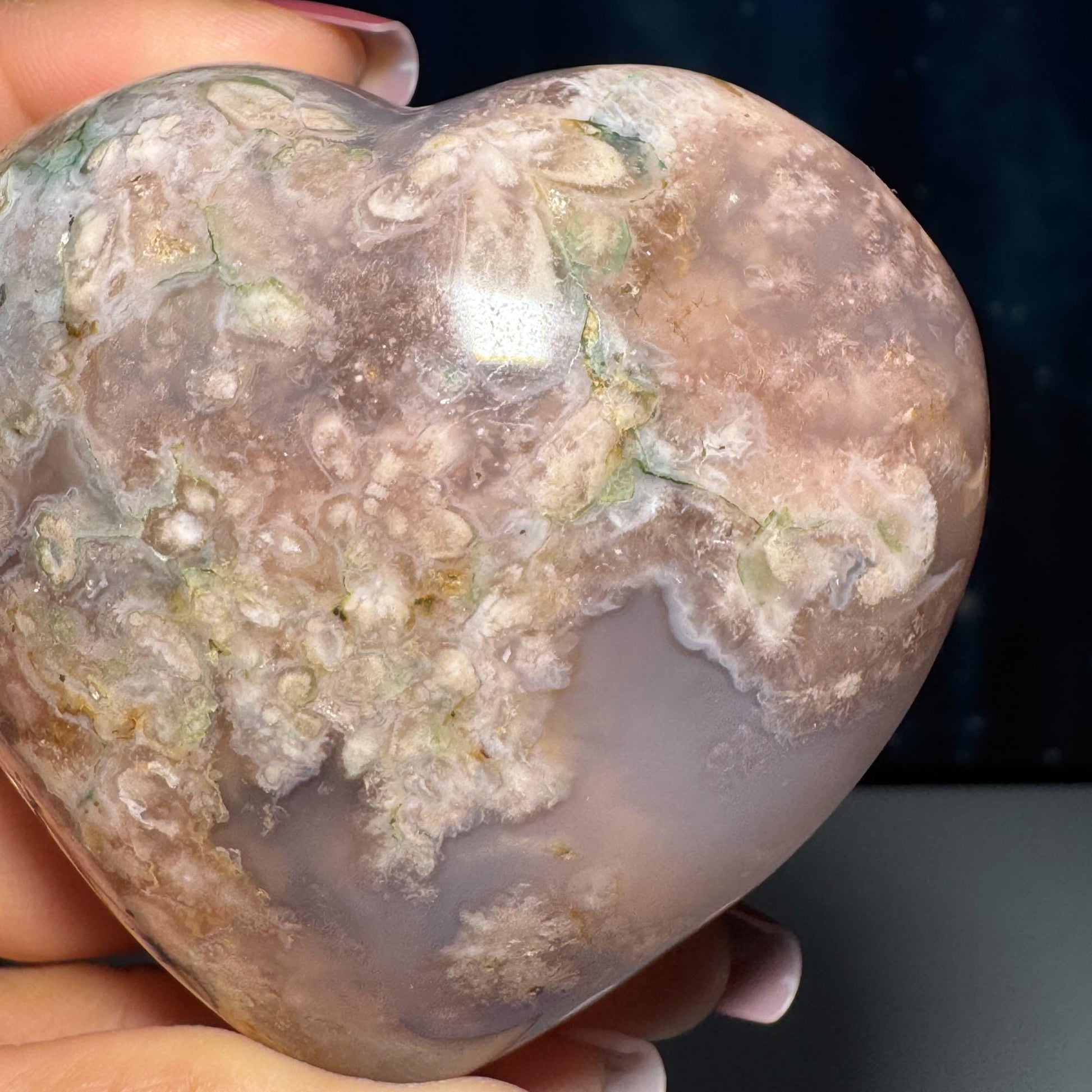Flower Agate heart | 3" long | 315 grams | stand included | Damage Discount