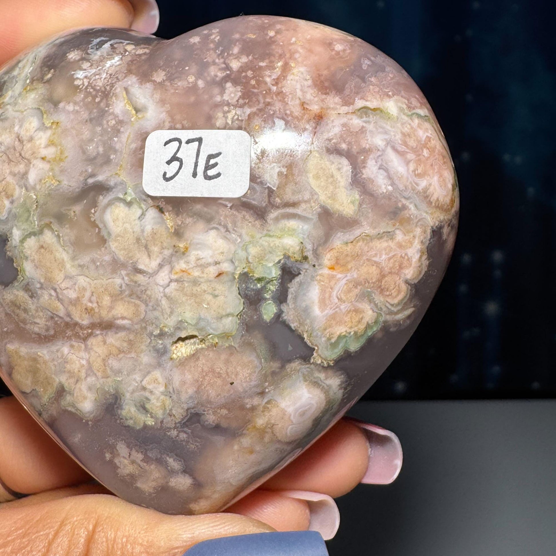 Flower Agate heart | 3" long | 315 grams | stand included | Damage Discount