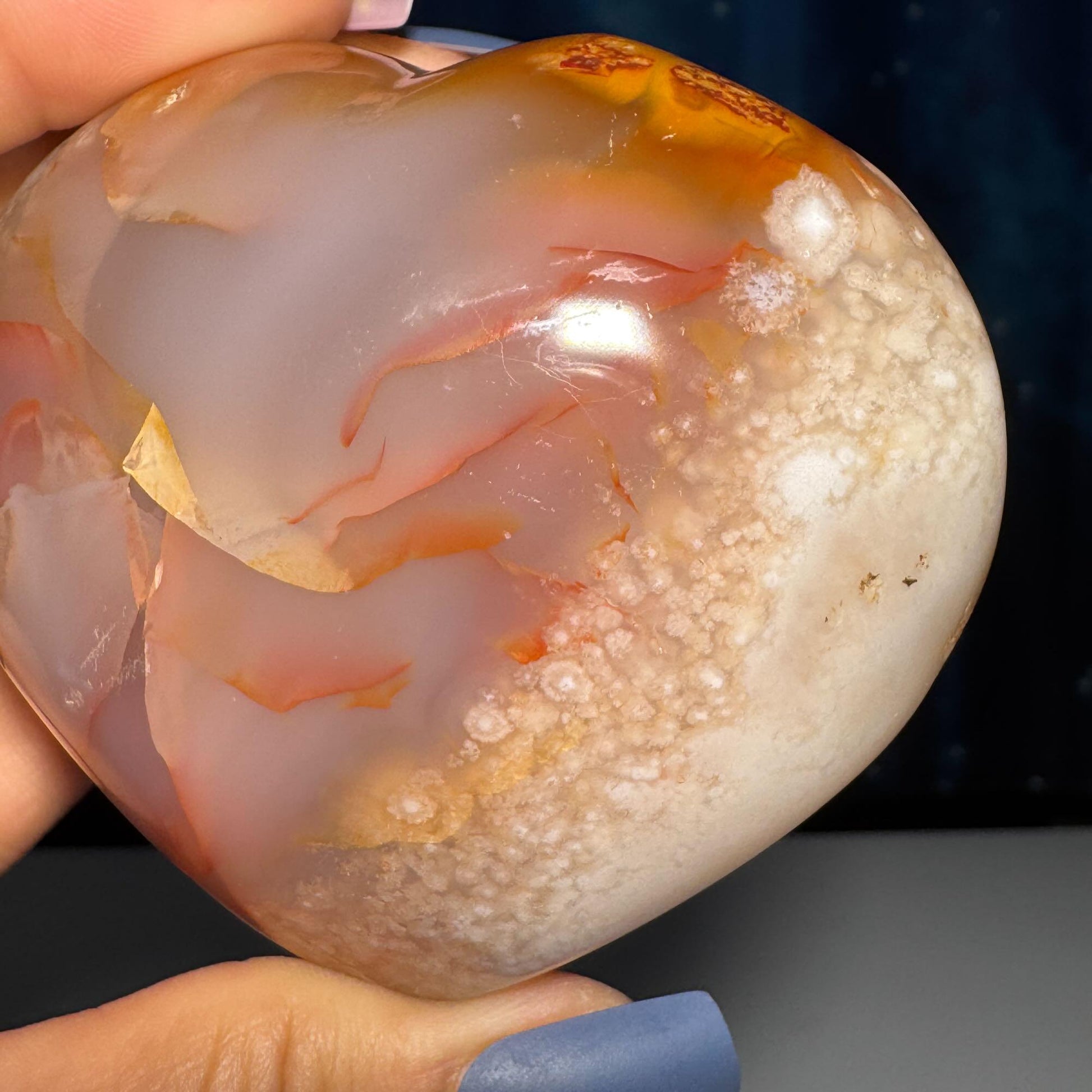 Flower Agate heart | 3" long | 278 grams | stand included | Damage Discount