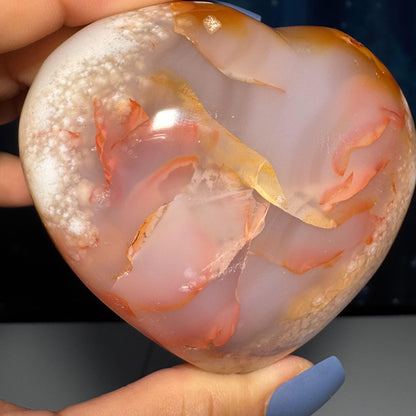 Flower Agate heart | 3" long | 278 grams | stand included | Damage Discount