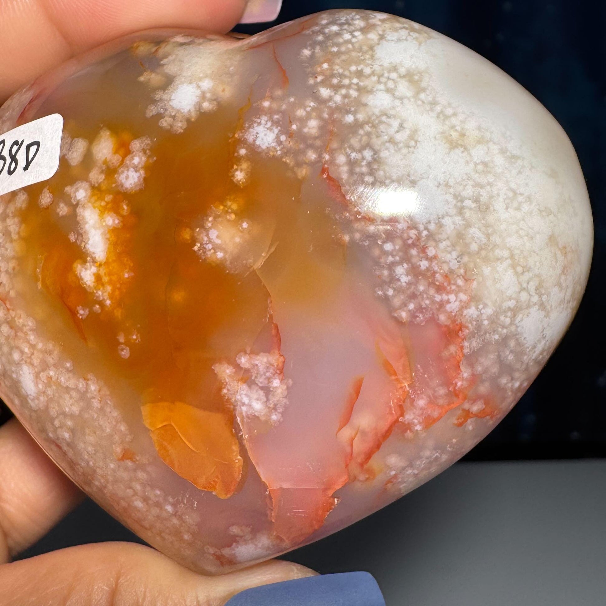 Flower Agate heart | 3" long | 278 grams | stand included | Damage Discount