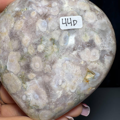 Flower Agate heart | 3 3/8" long | 354 grams | stand included | Damage Discount