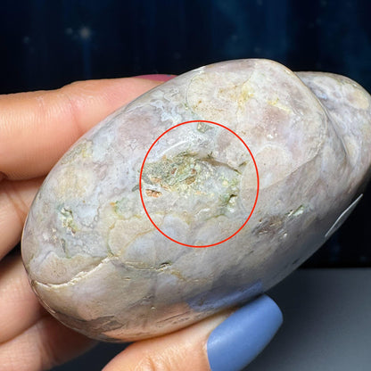 Flower Agate heart | 3 3/8" long | 354 grams | stand included | Damage Discount