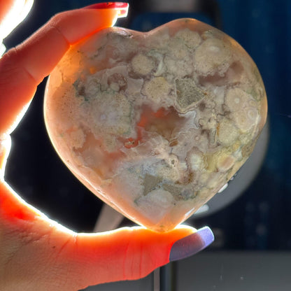 Flower Agate heart | 3 3/8" long | 354 grams | stand included | Damage Discount