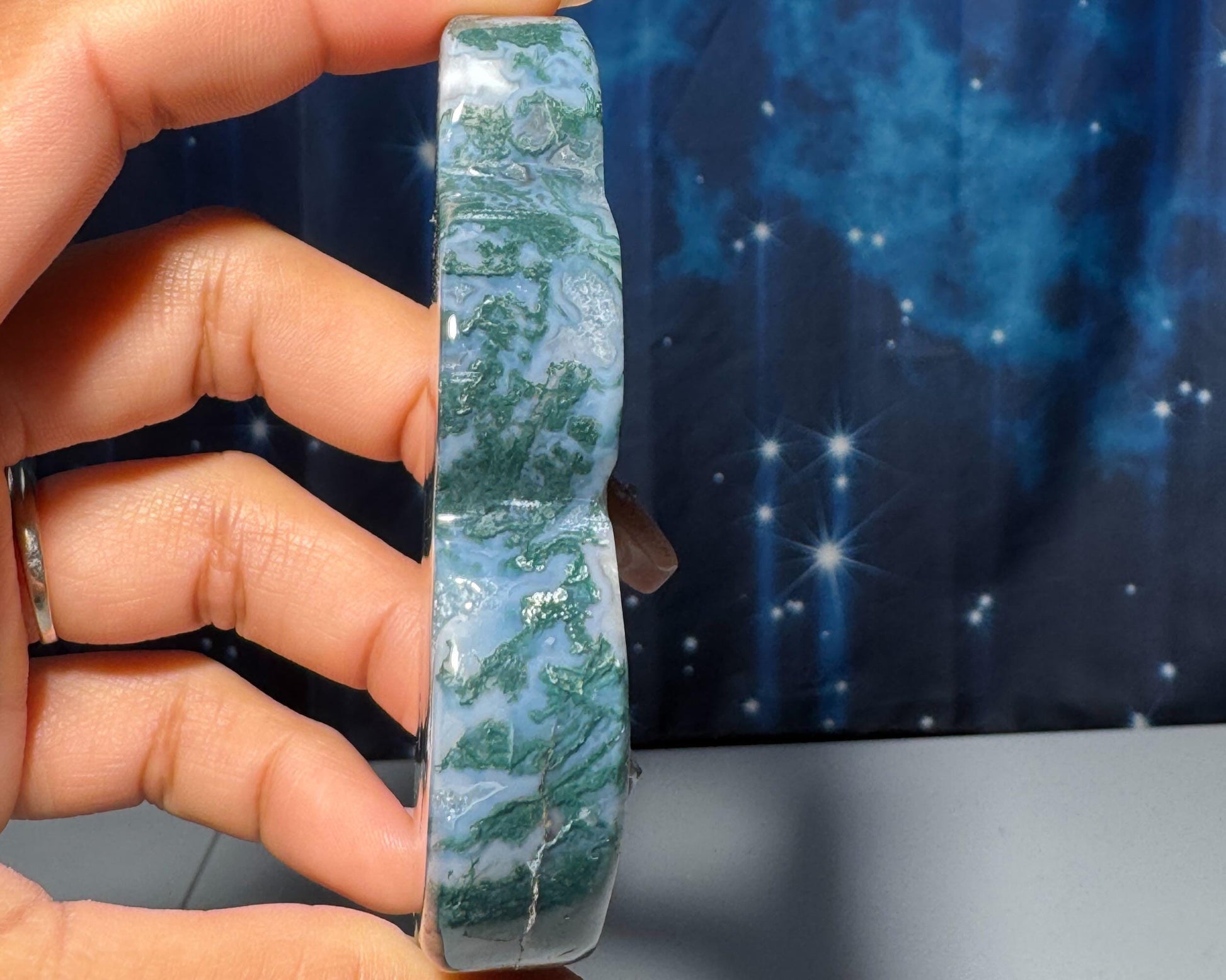 Moss Agate cloud | 3 3/8” long | 88 grams | NOT self-standing