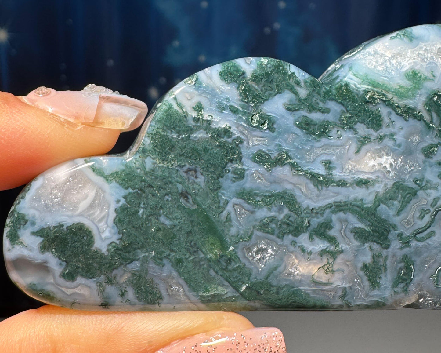 Moss Agate cloud | 3 3/8” long | 88 grams | NOT self-standing