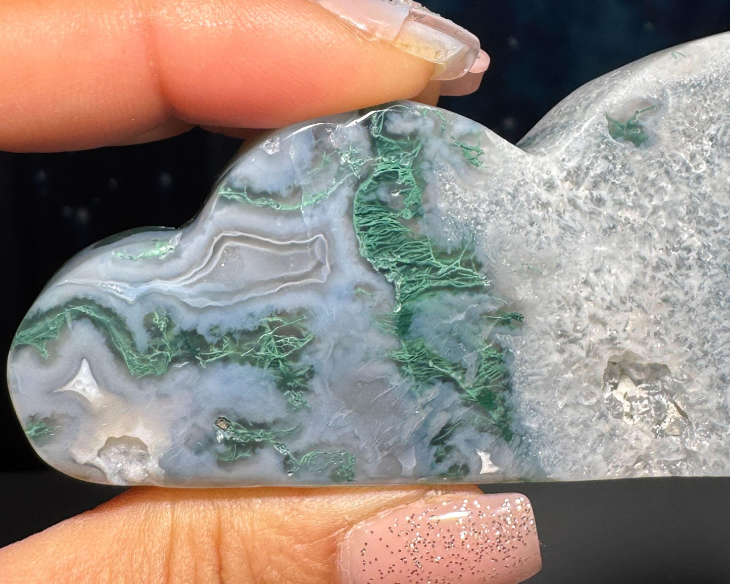 Moss Agate cloud | 3 3/4” long | 99 grams | DOES self-stand