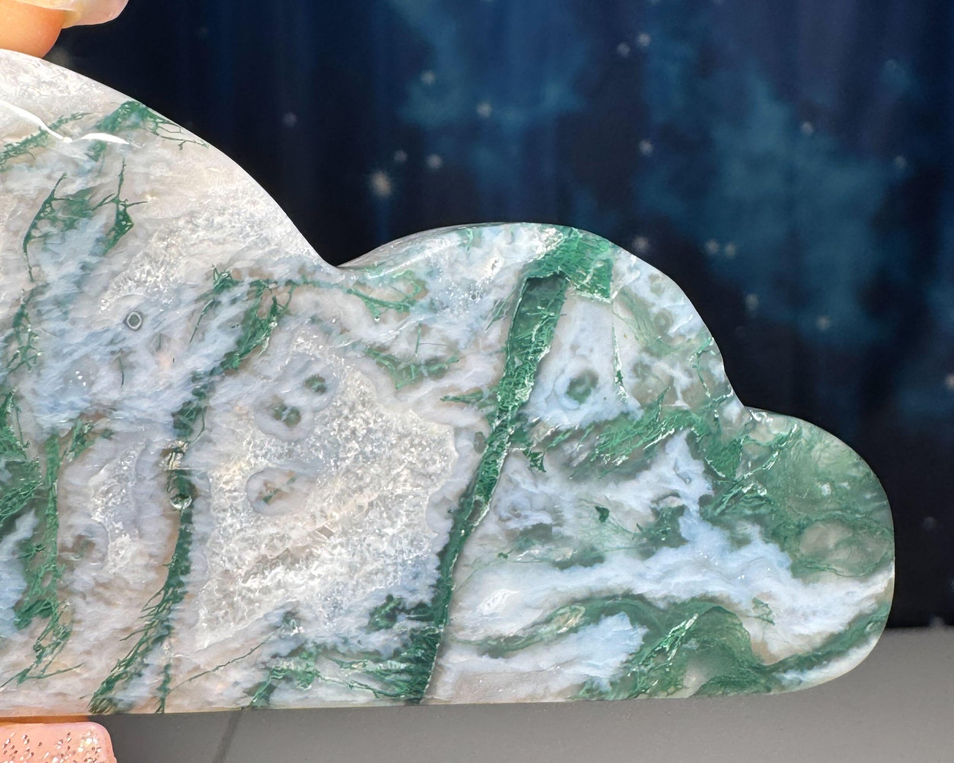 Moss Agate cloud | 3 3/4” long | 99 grams | DOES self-stand