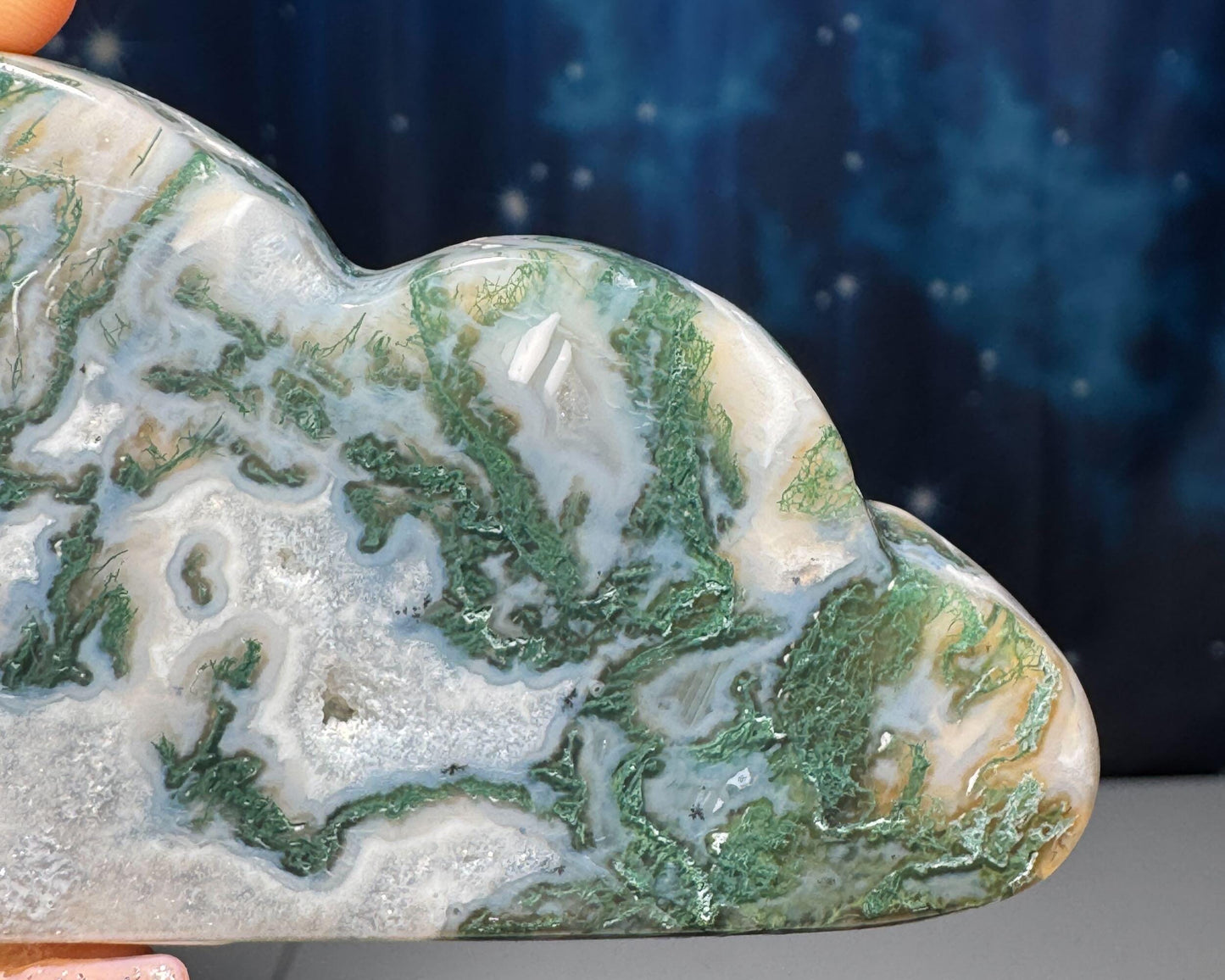 Moss Agate cloud | 3 1/2” long | 96 grams | DOES self-stand
