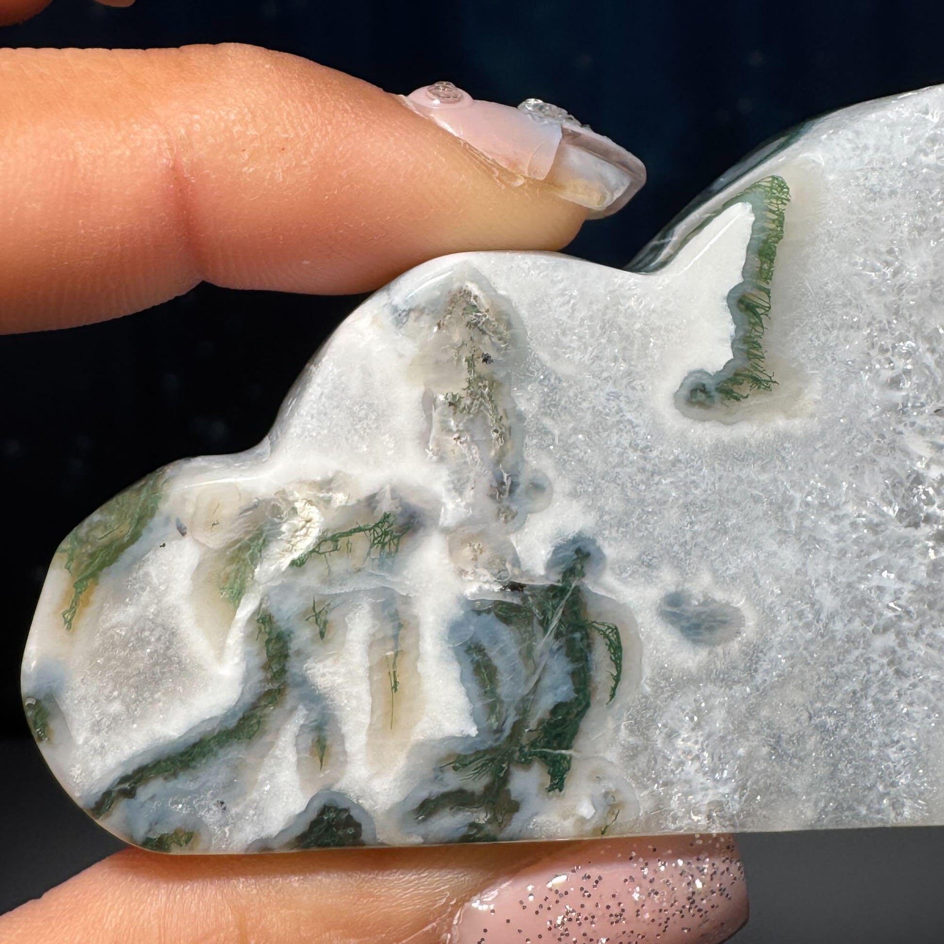 Moss Agate cloud | 3 3/8” long | 99 grams | DOES self-stand | dendrite inclusions